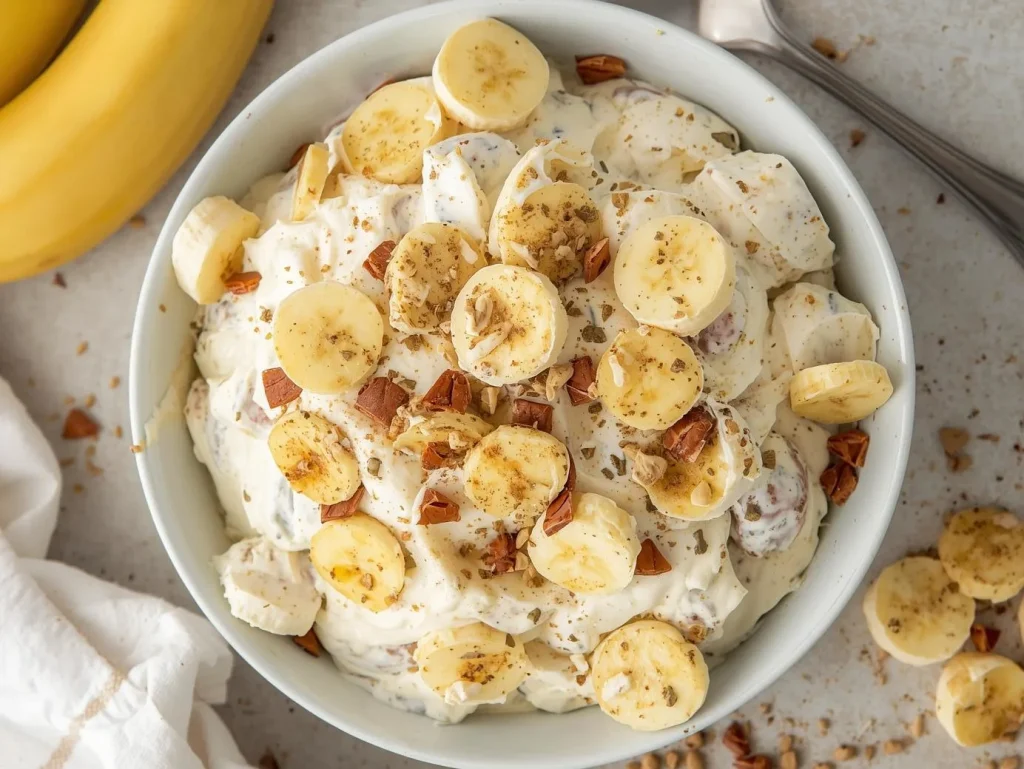 Banana Pudding Fluff Salad in a glass bowl with layered bananas, creamy pudding, whipped topping, and cookie crumbs