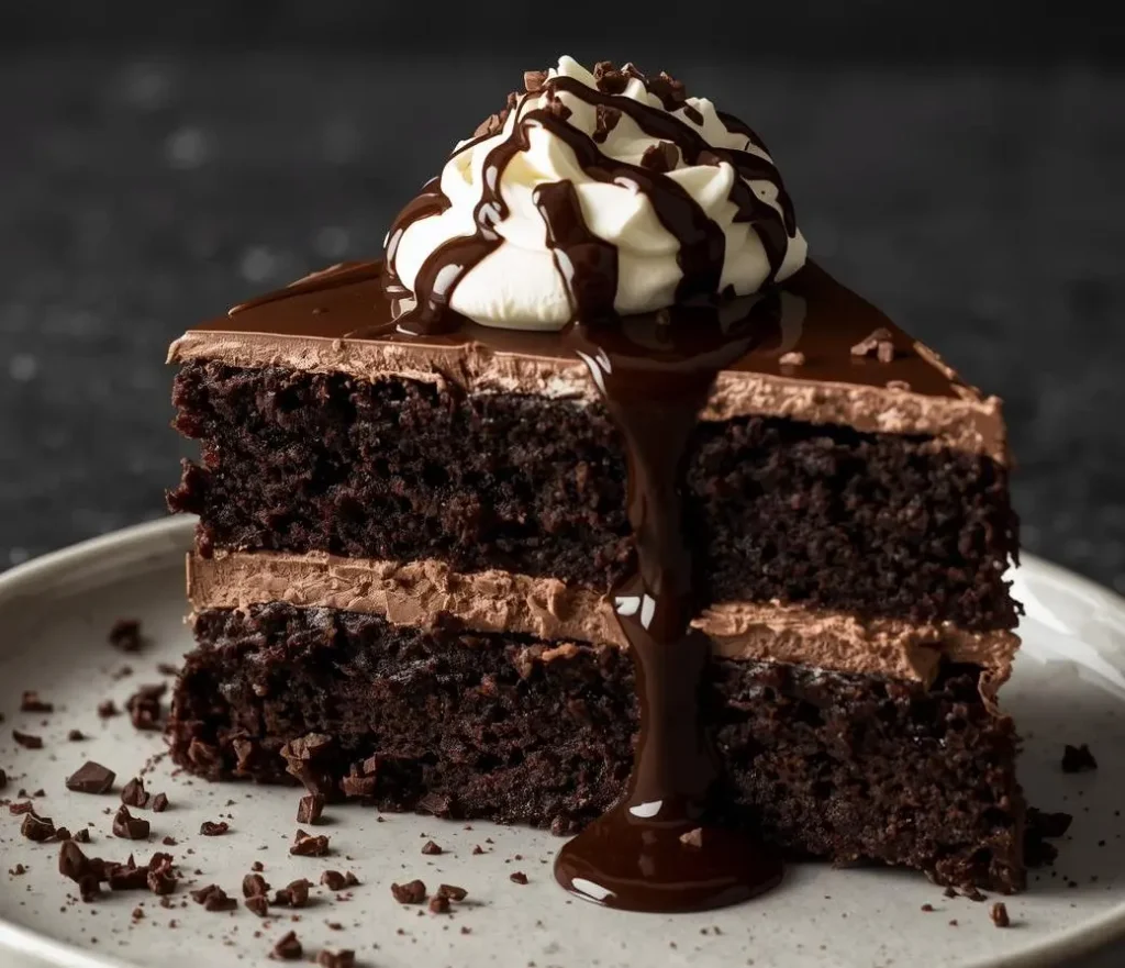 Rich and gooey Bar-One Chocolate Cake topped with caramel drizzle and chocolate ganache