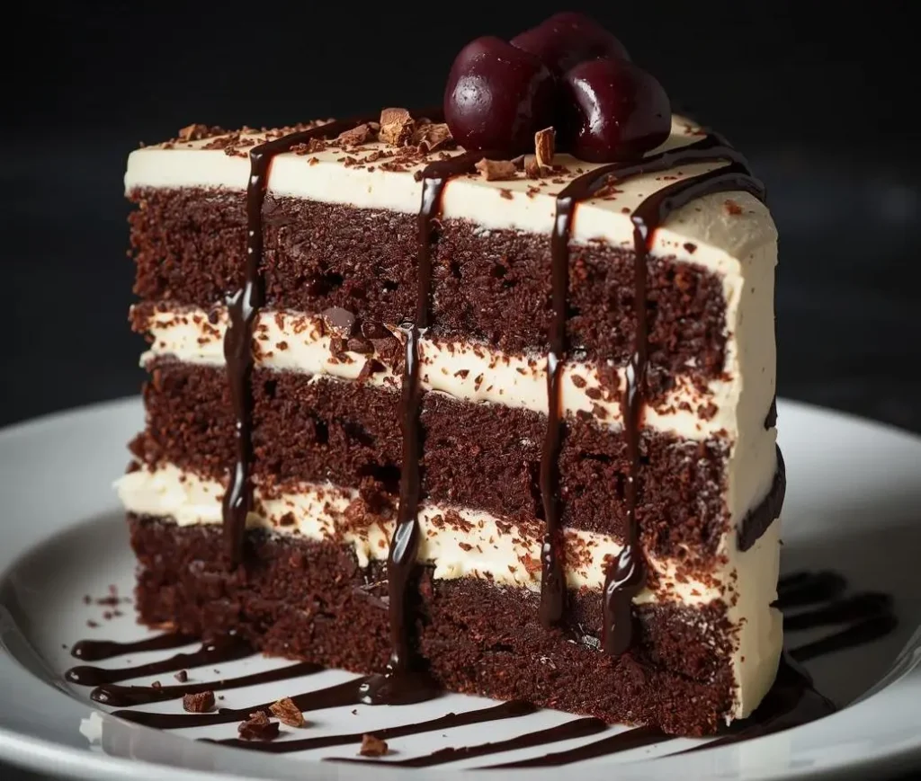 Decadent Black Forest Cake topped with whipped cream, cherries, and chocolate shavings