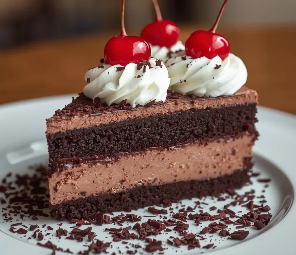 Rich and creamy Black Forest Cheesecake Bliss topped with whipped cream, cherries, and chocolate shavings on a white plate.