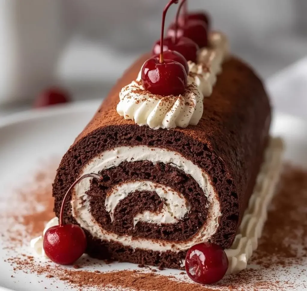 Slice of Black Forest Roll Cake filled with whipped cream and cherries, topped with chocolate shavings.