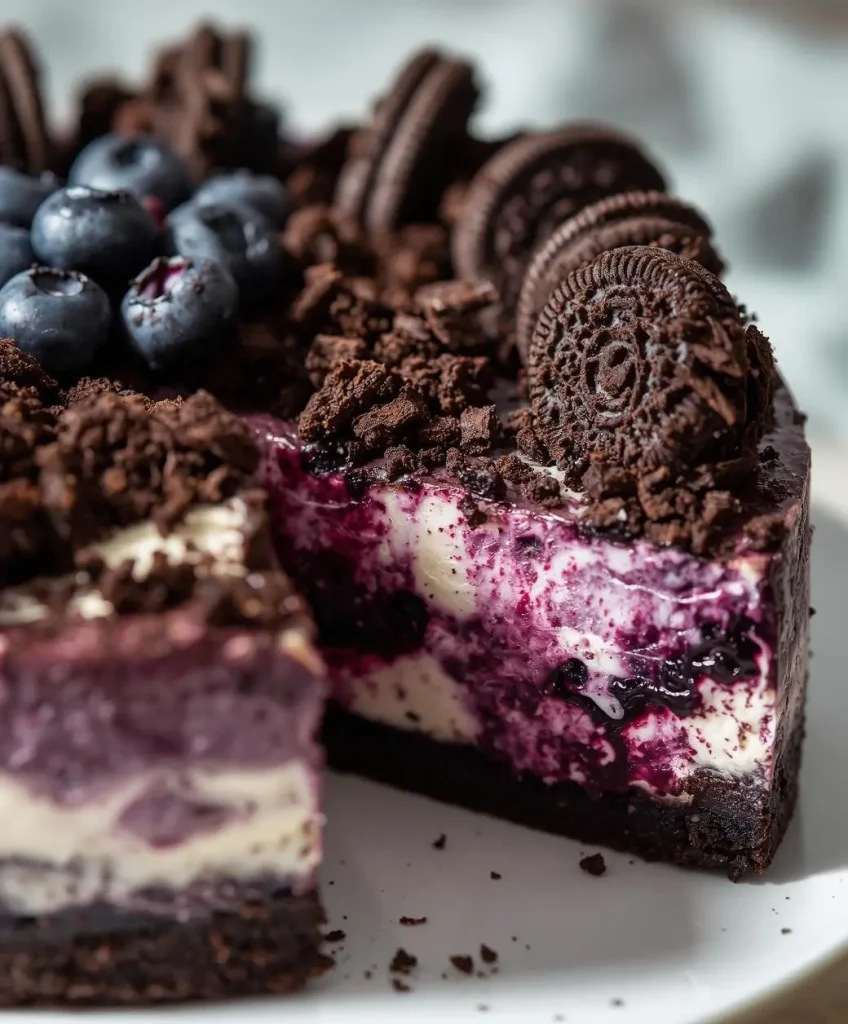 Blueberry Oreo Cheesecake topped with fresh blueberries and Oreo chunks on a white plate