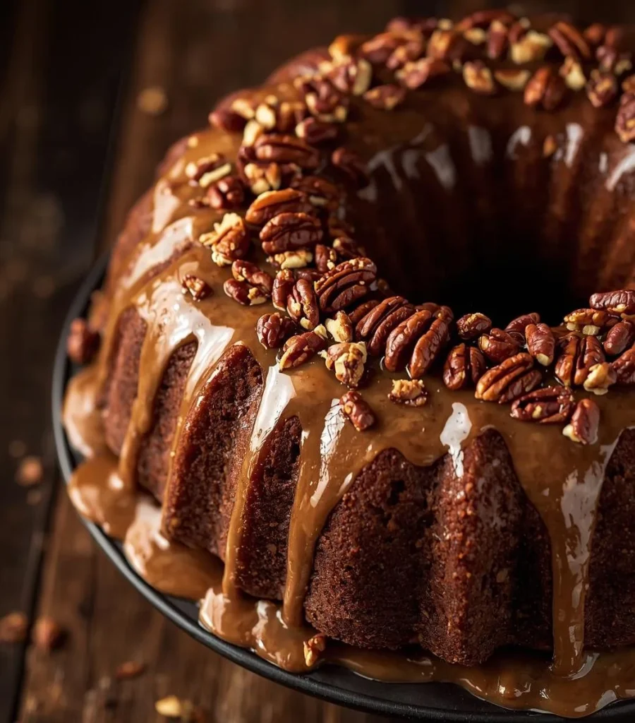 Brown Sugar Pecan Bundt Cake with caramel glaze and toasted pecans on a white plate