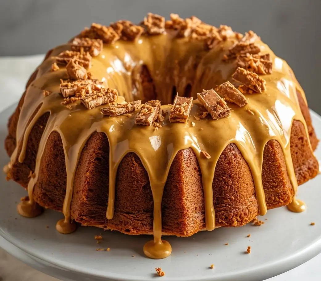 Moist Butterfinger Bundt Cake topped with chocolate ganache and crushed candy bars
