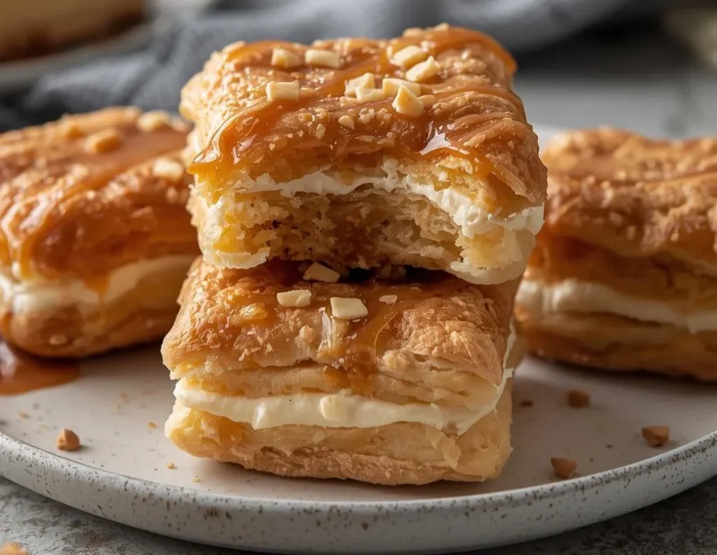 Caramel Cream Cheese Puff Pastry Squares with gooey caramel drizzle and flaky golden layers