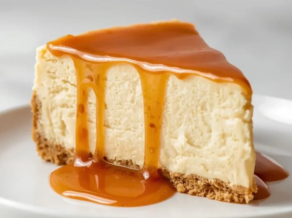 Creamy caramel drip cheesecake topped with rich golden caramel sauce and a buttery graham cracker crust.