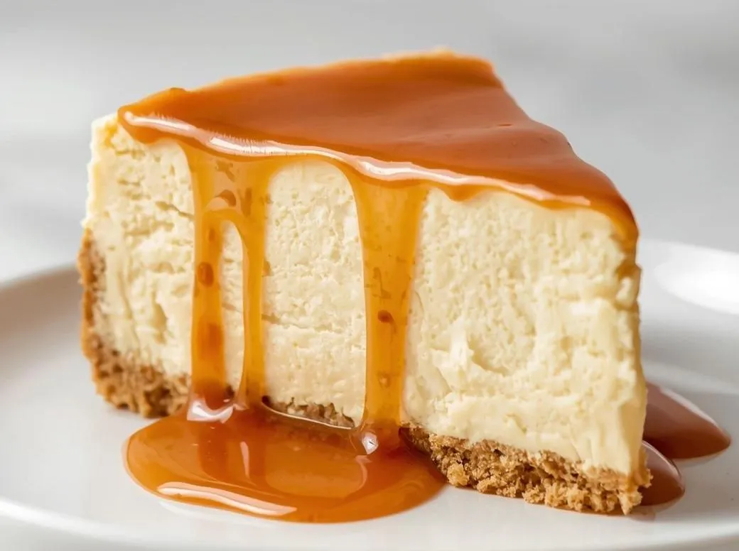 Creamy caramel drip cheesecake topped with rich golden caramel sauce and a buttery graham cracker crust.