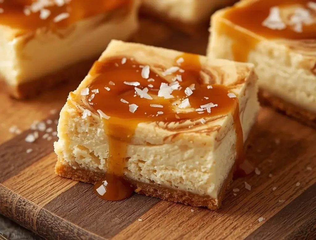 Creamy caramel swirl cheesecake bars with golden crust and gooey caramel ribbons on top.