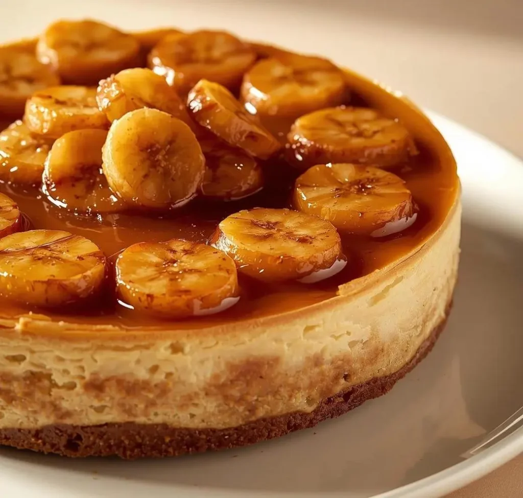 Caramelized Banana Cheesecake topped with golden caramelized banana slices and drizzle of caramel sauce