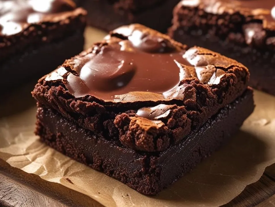 Freshly baked chocolate brownies sliced into squares on a parchment-lined tray, showing their fudgy texture and glossy tops.