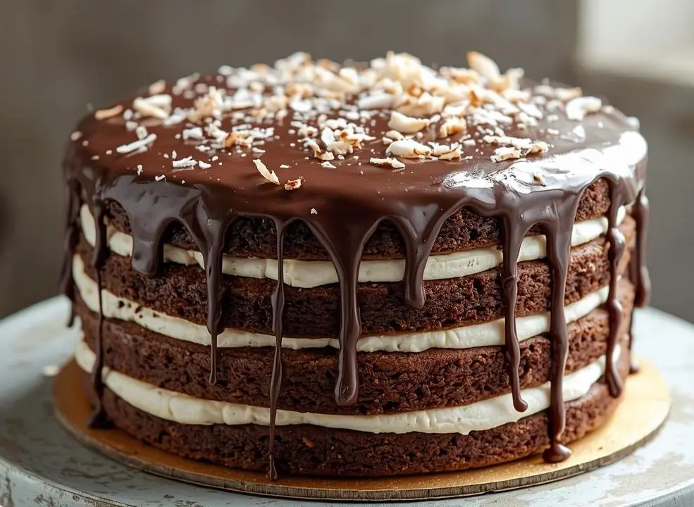 Chocolate Coconut Layer Cake with creamy coconut filling, rich chocolate ganache, and toasted coconut topping.
