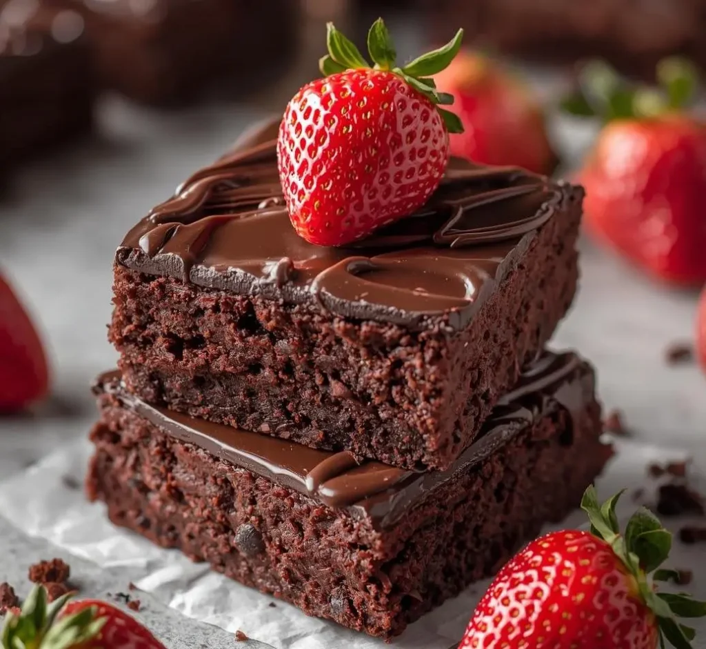 A close-up of chocolate-covered strawberry brownies topped with fresh strawberries and melted chocolate drizzle on a wooden board.
