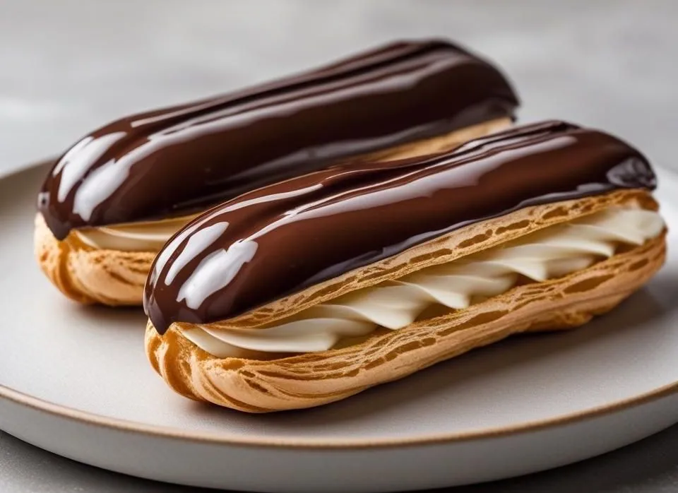Chocolate Éclairs with golden choux pastry, filled with creamy vanilla custard, topped with glossy chocolate glaze on a plate.