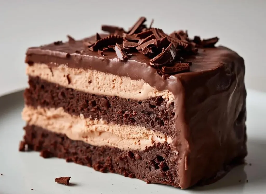 Chocolate Ice Cream Cake topped with whipped cream, chocolate drizzle, and cookie crumbs.