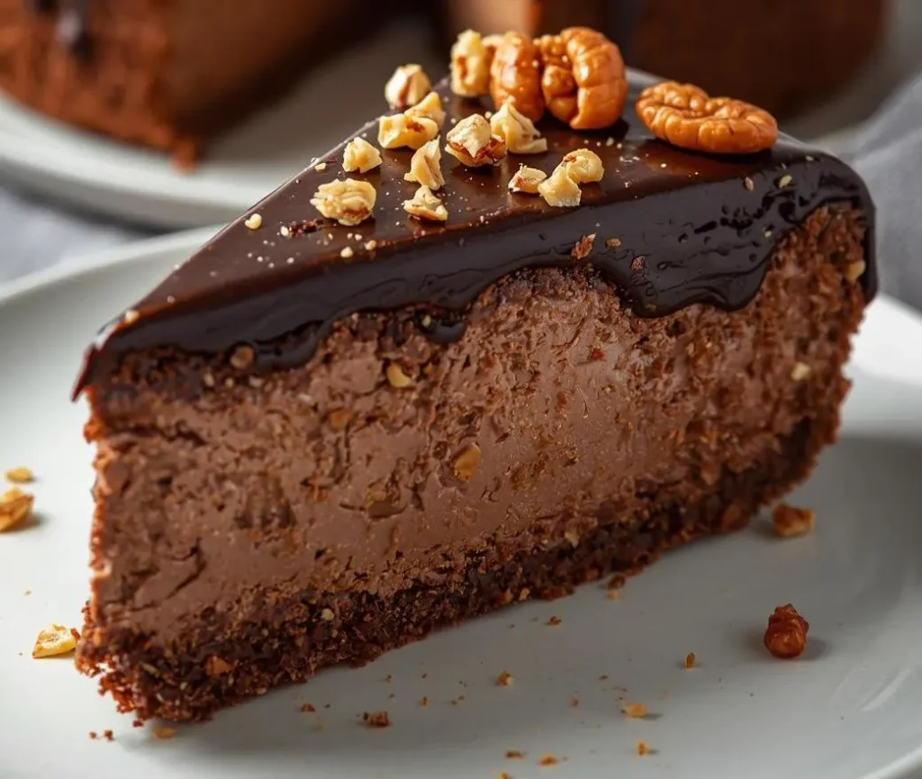 Creamy Chocolate Nut Cheesecake topped with glossy ganache and roasted nuts