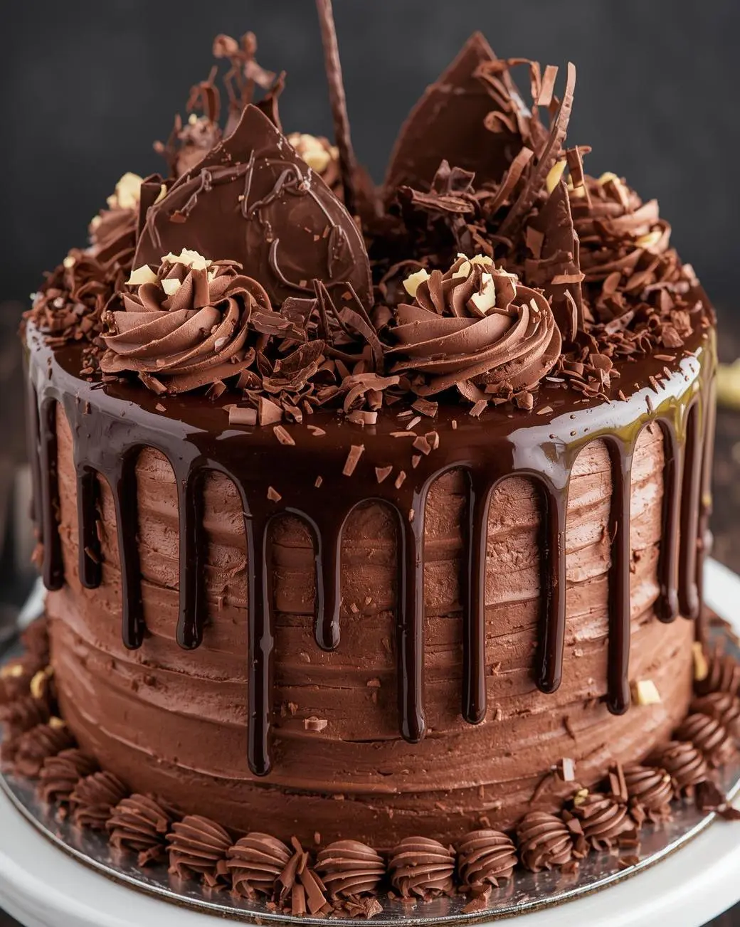 Chocolate Overload Drip Cake with glossy ganache and chocolate drip, decorated with chocolate shavings and fresh berries.