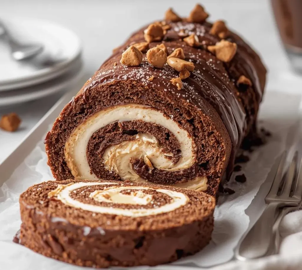 Chocolate Peanut Butter Swiss Roll sliced on a plate, filled with creamy peanut butter frosting and topped with rich chocolate glaze