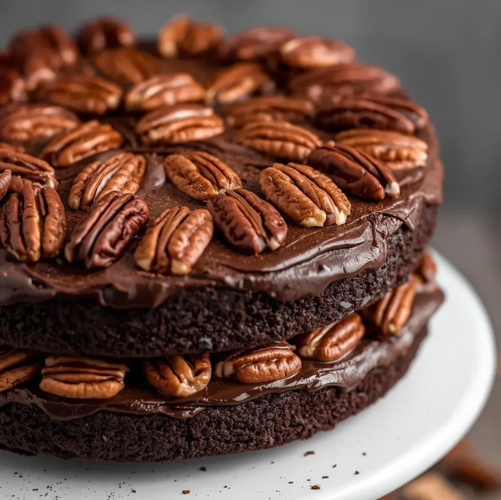 Decadent Chocolate Pecan Layer Cake with creamy frosting and crunchy pecan topping.