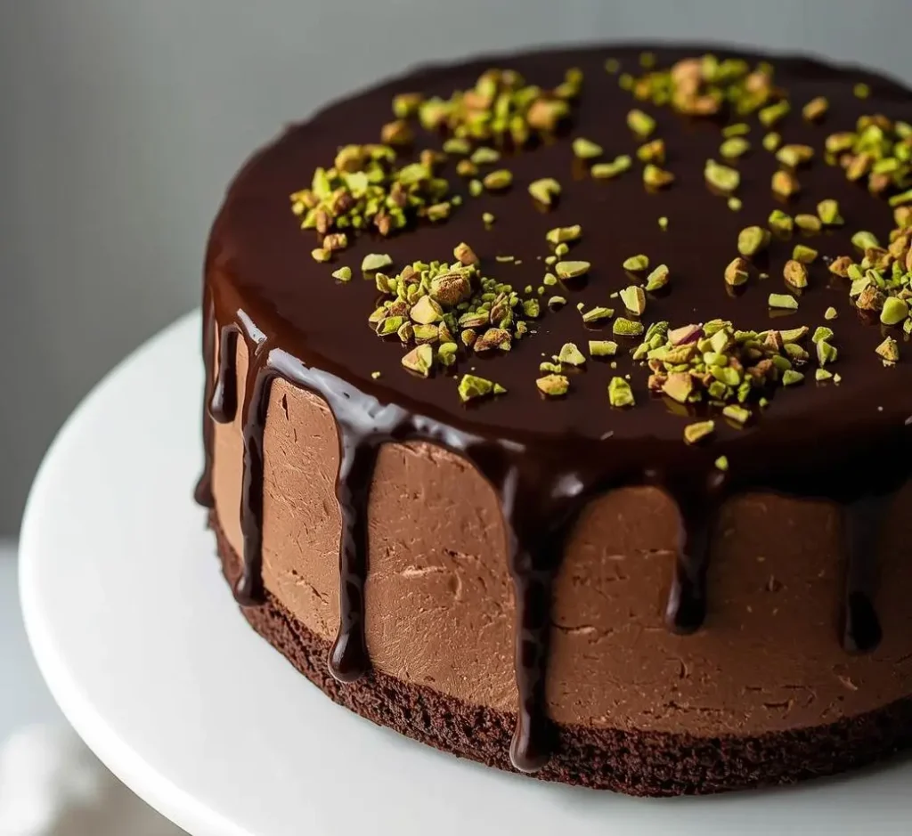 Chocolate Pistachio Mousse Cake with rich chocolate layers and creamy pistachio mousse topped with glossy ganache