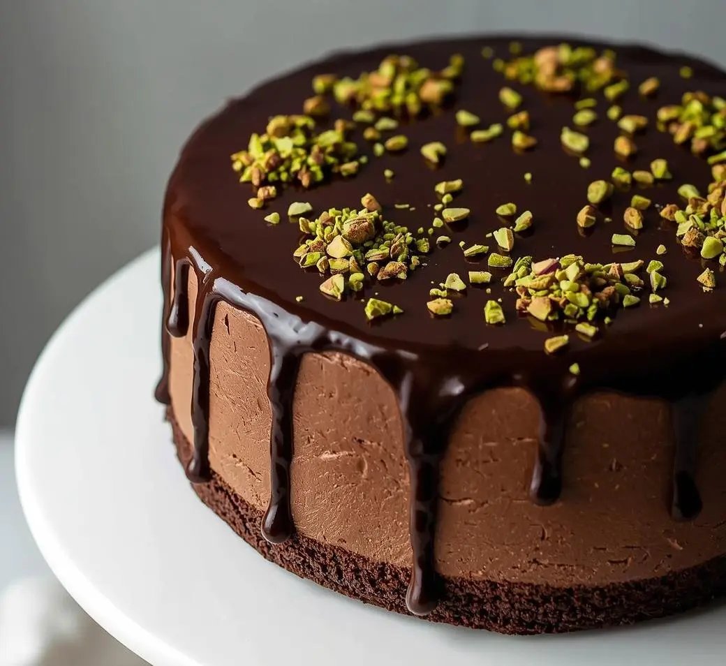 Chocolate Pistachio Mousse Cake with rich chocolate layers and creamy pistachio mousse topped with glossy ganache