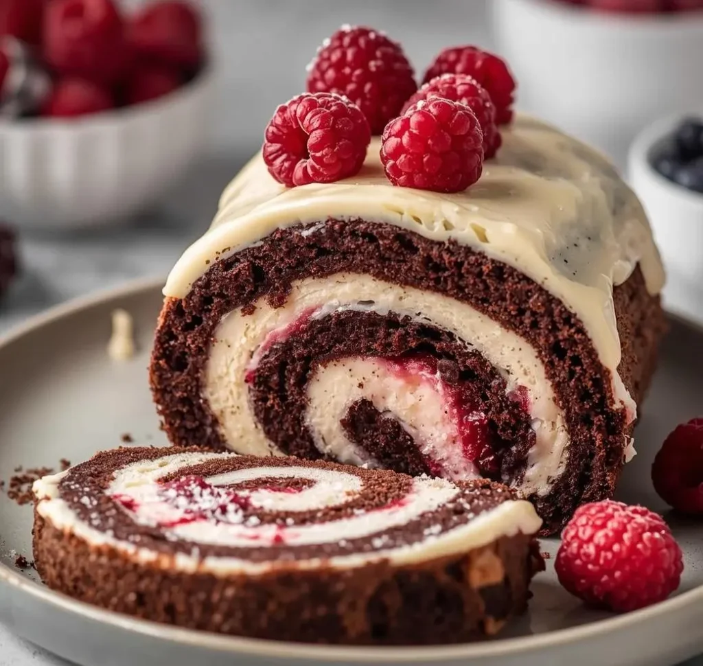 Chocolate Raspberry Swiss Roll with fluffy cream and fresh raspberries