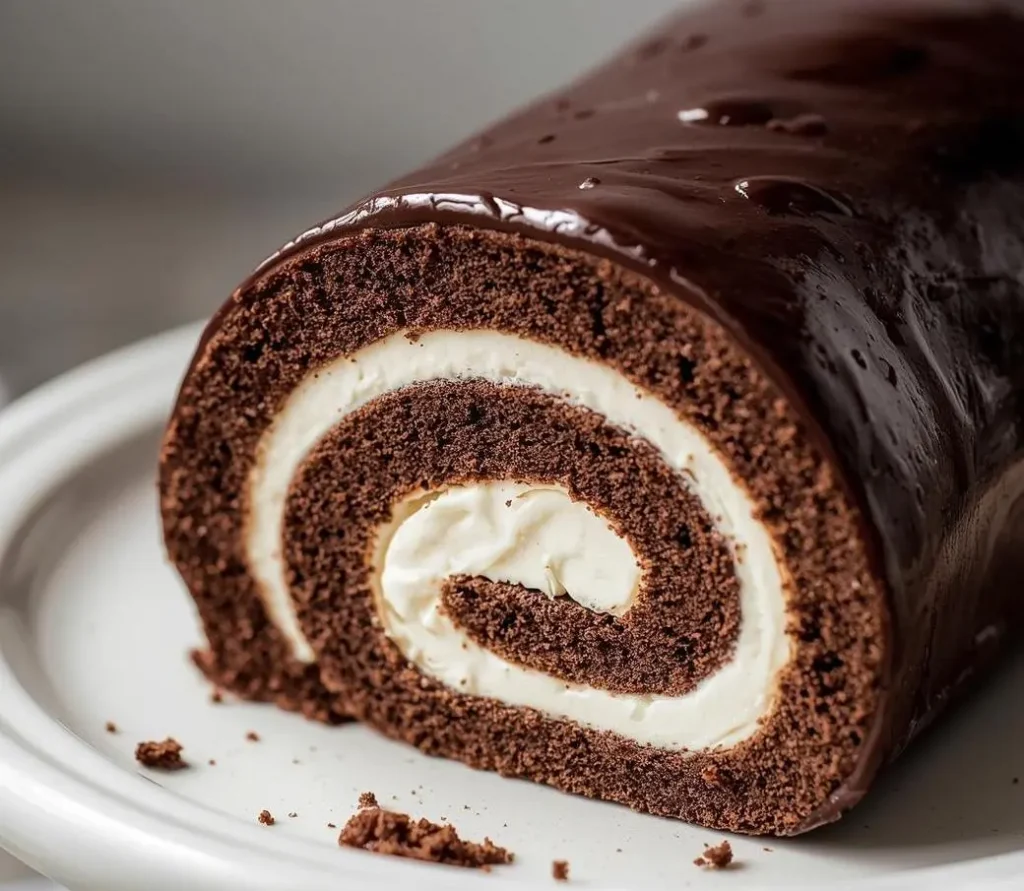 Chocolate Swiss Roll Cake with creamy filling and chocolate ganache drizzle on a white plate