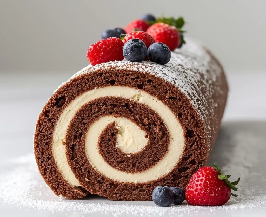 Moist Chocolate Swiss Roll Cake filled with whipped cream and topped with chocolate drizzle