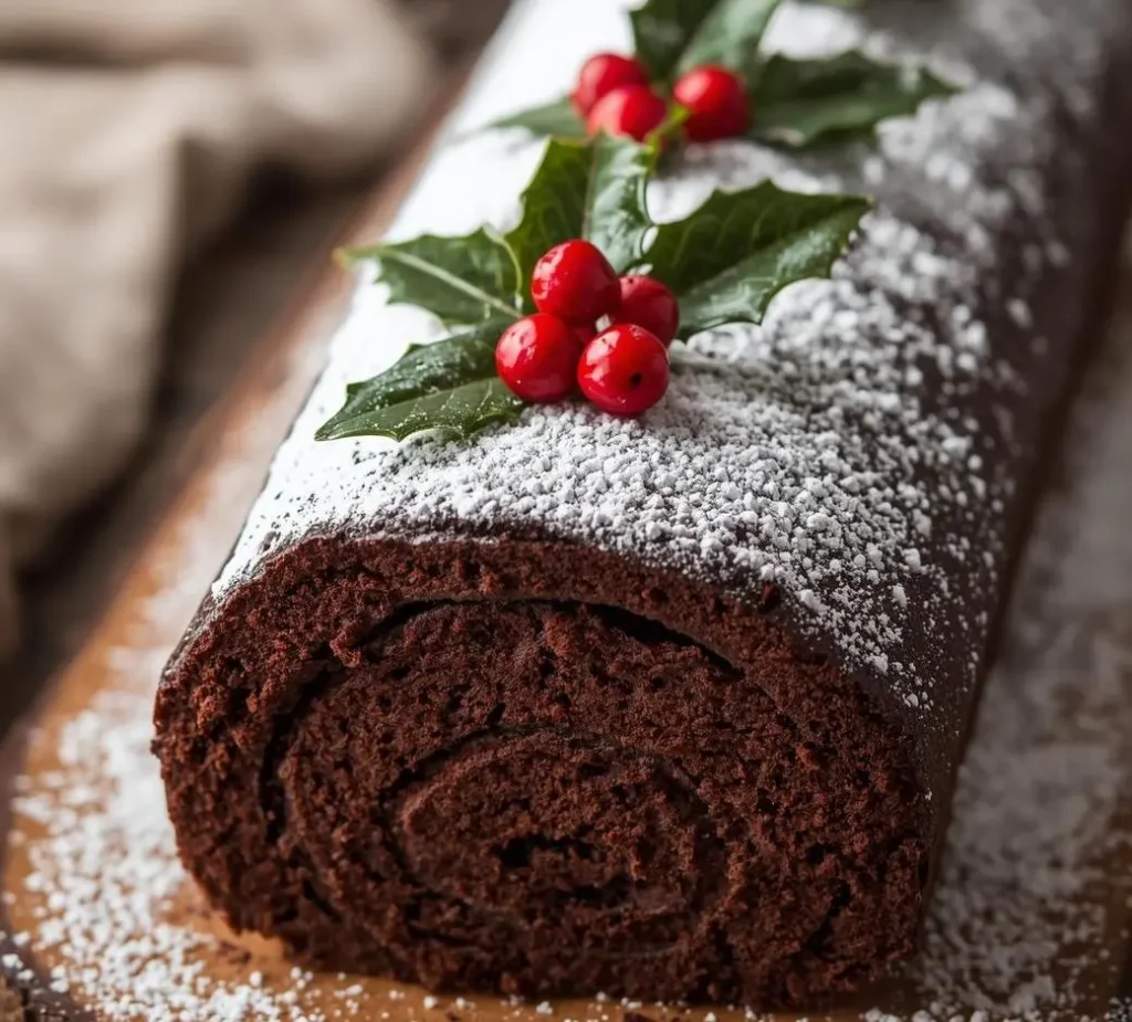 Rich Chocolate Yule Log Cake rolled with creamy filling and topped with glossy ganache for a festive holiday dessert.