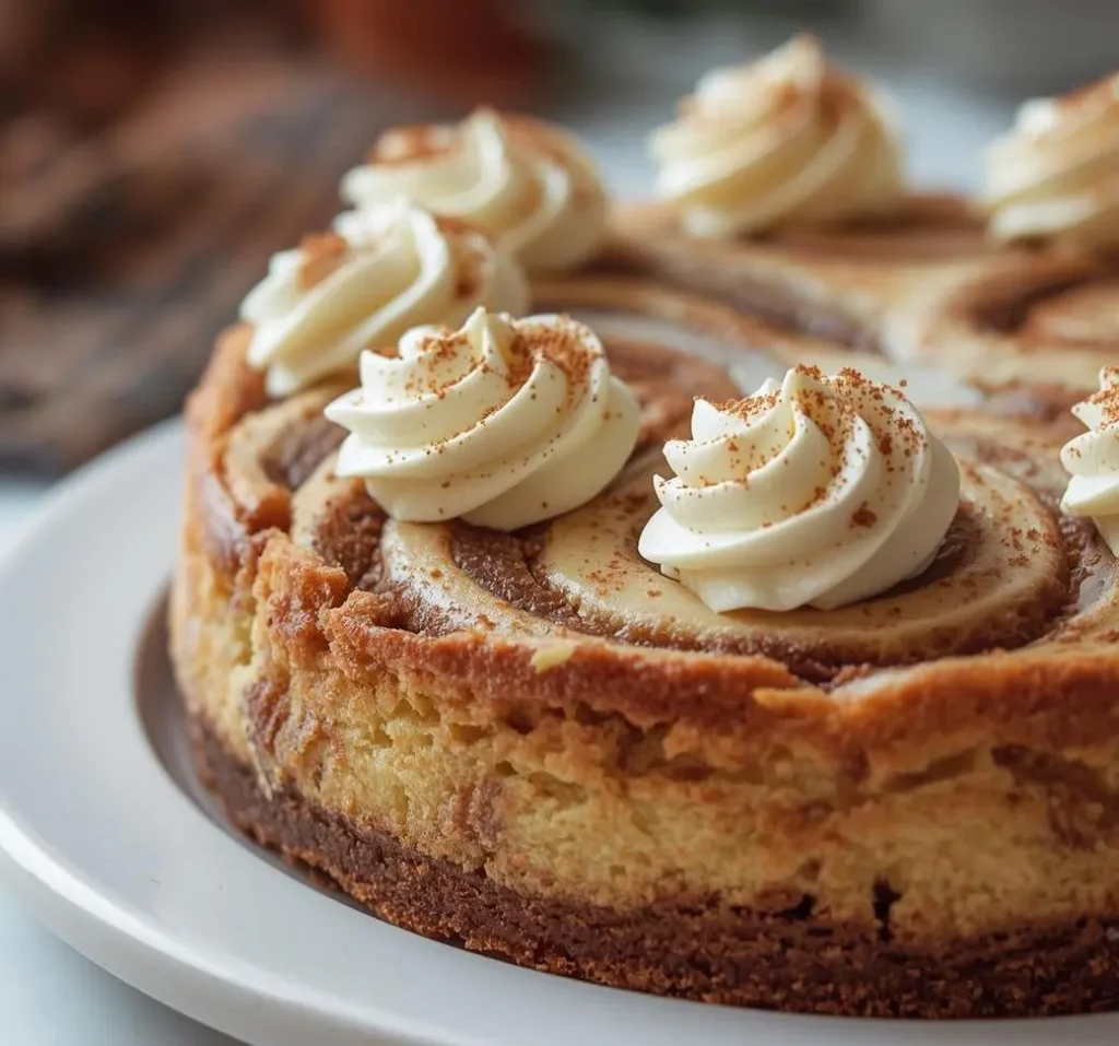 Cinnamon Roll Cheesecake with creamy swirl and golden cinnamon topping on a white plate