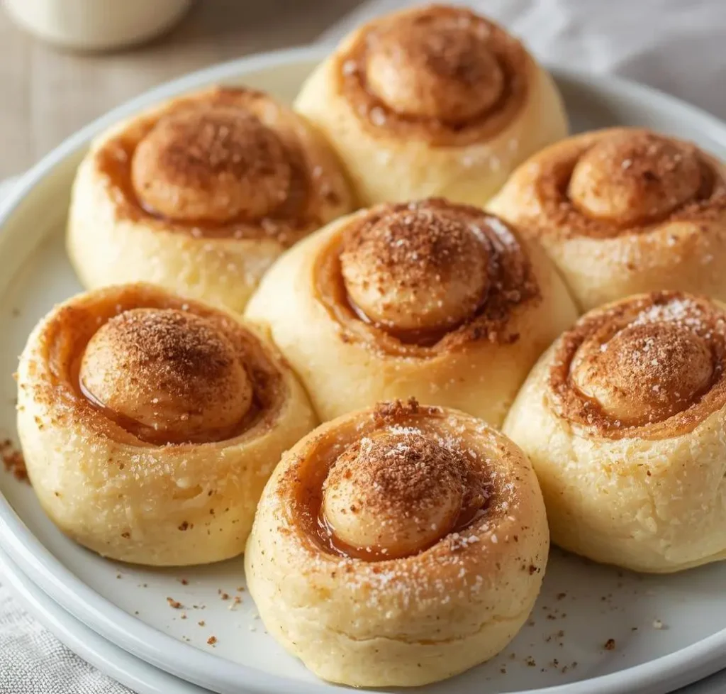 Freshly baked Cinnamon Sugar Cream Cheese Rolls coated in golden cinnamon sugar with creamy filling oozing out from the center.