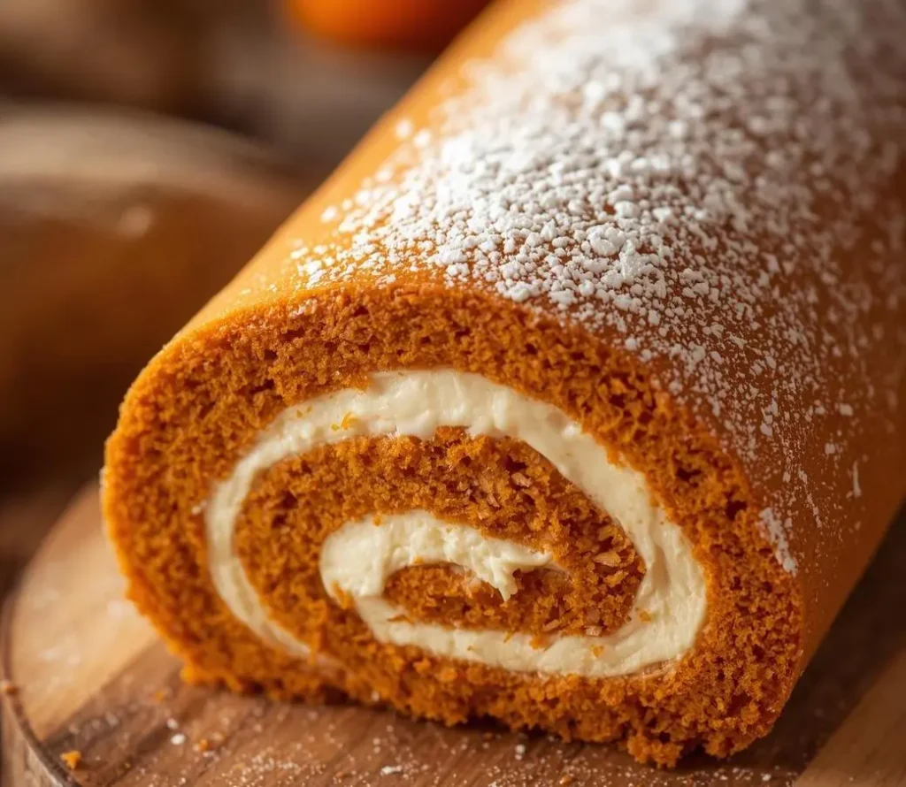 Moist Cream Cheese Pumpkin Roll Cake with a rich cream cheese filling and a light dusting of powdered sugar on top.