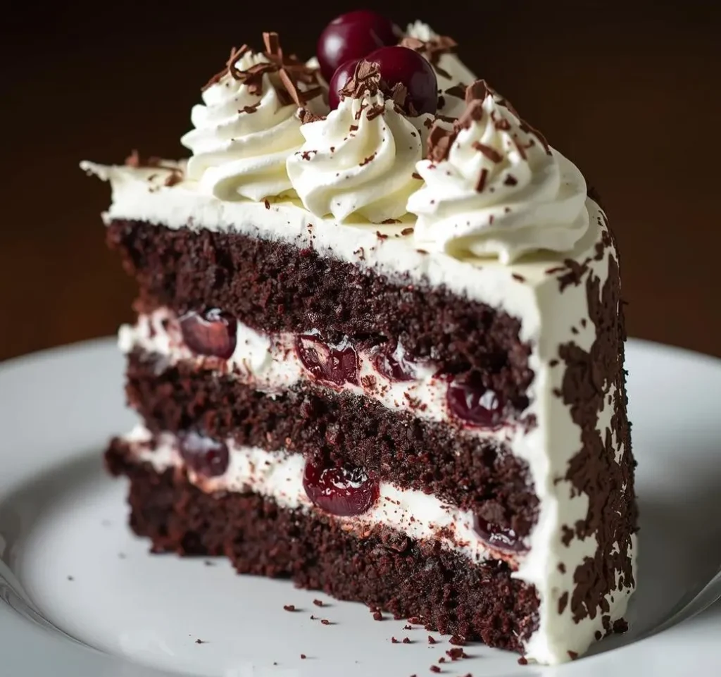 Black Forest Cake with layers of chocolate sponge, whipped cream, and fresh cherries