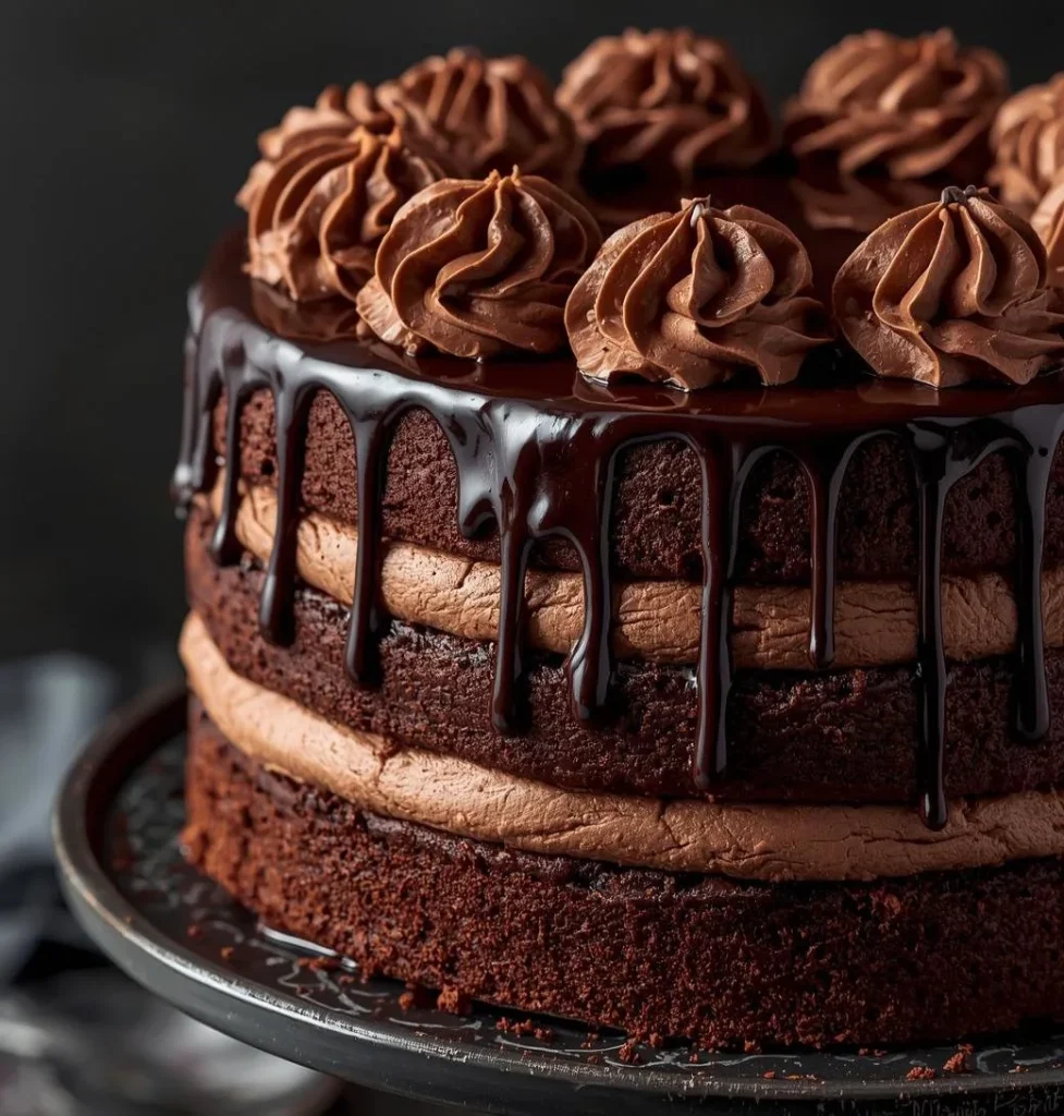 Decadent Chocolate Layered Cake with creamy frosting and chocolate shavings on a white plate
