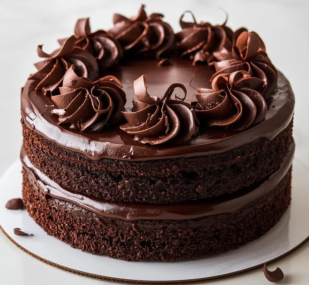 Double-Layer Chocolate Ganache Cake with rich glossy chocolate topping on two moist layers.
