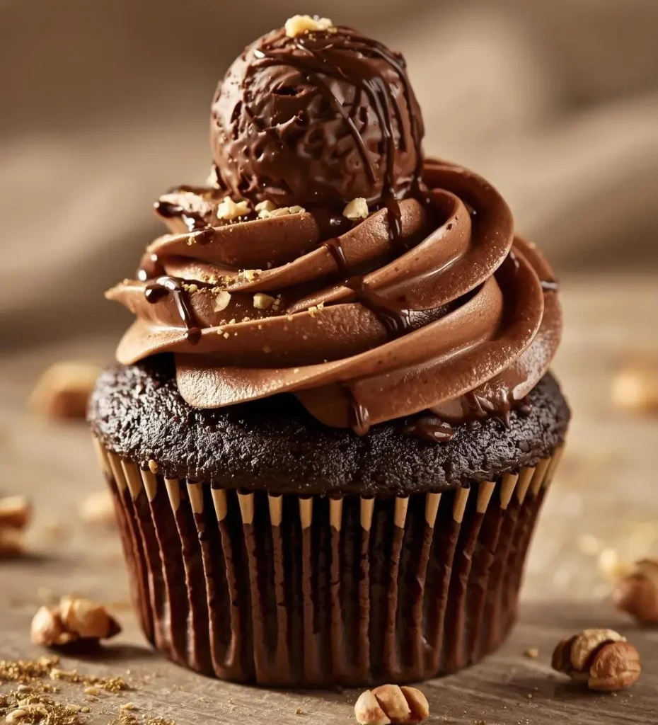 Ferrero Rocher Chocolate Cupcakes topped with rich chocolate frosting and hazelnut pieces.