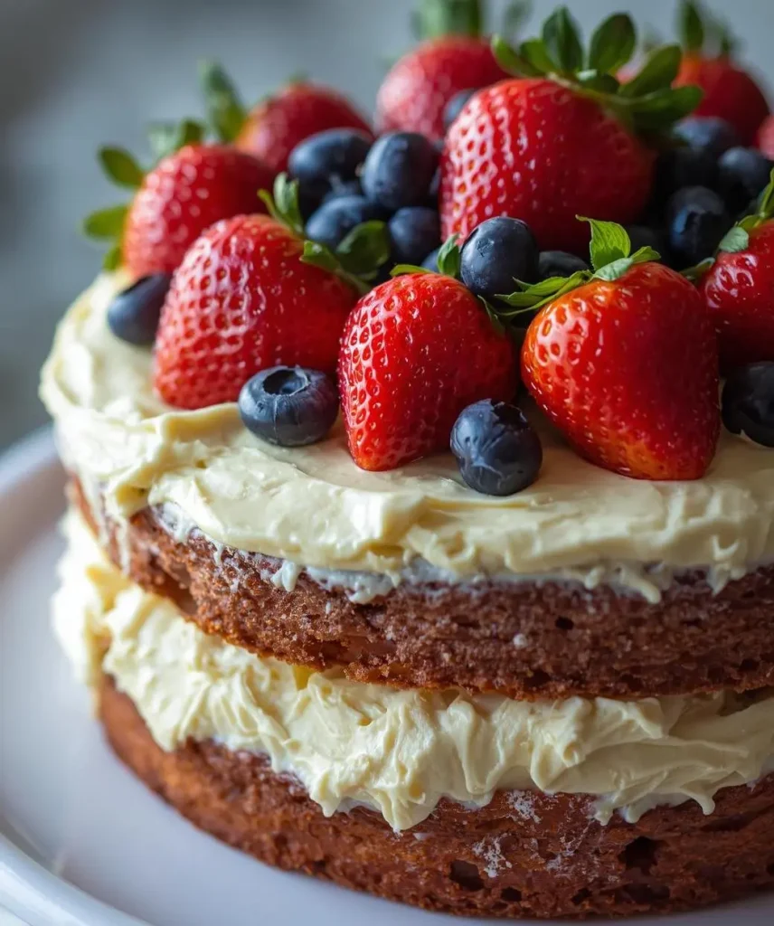 Fresh Strawberry & Blueberry Layer Cake with whipped cream frosting and fresh berries on top