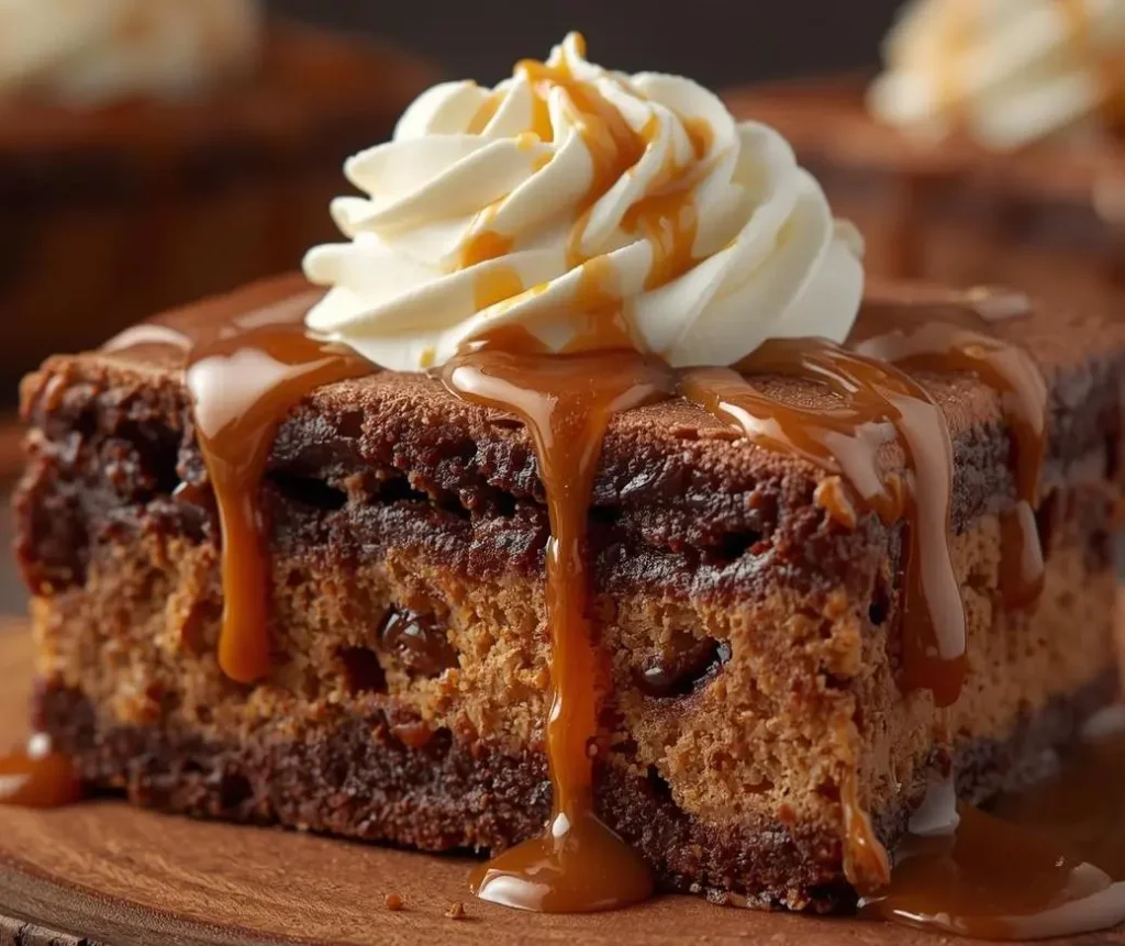 Gooey Coffee Caramel Cake with rich caramel drizzle and creamy coffee frosting.