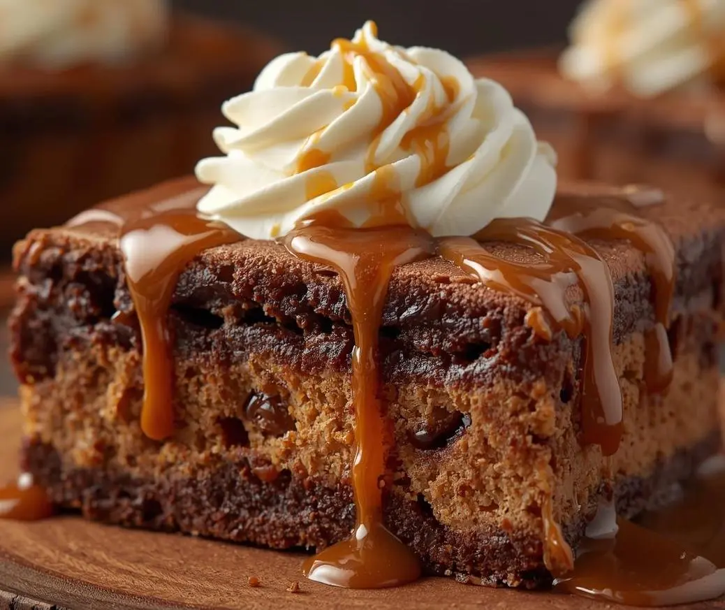 Gooey Coffee Caramel Cake with rich caramel drizzle and creamy coffee frosting.