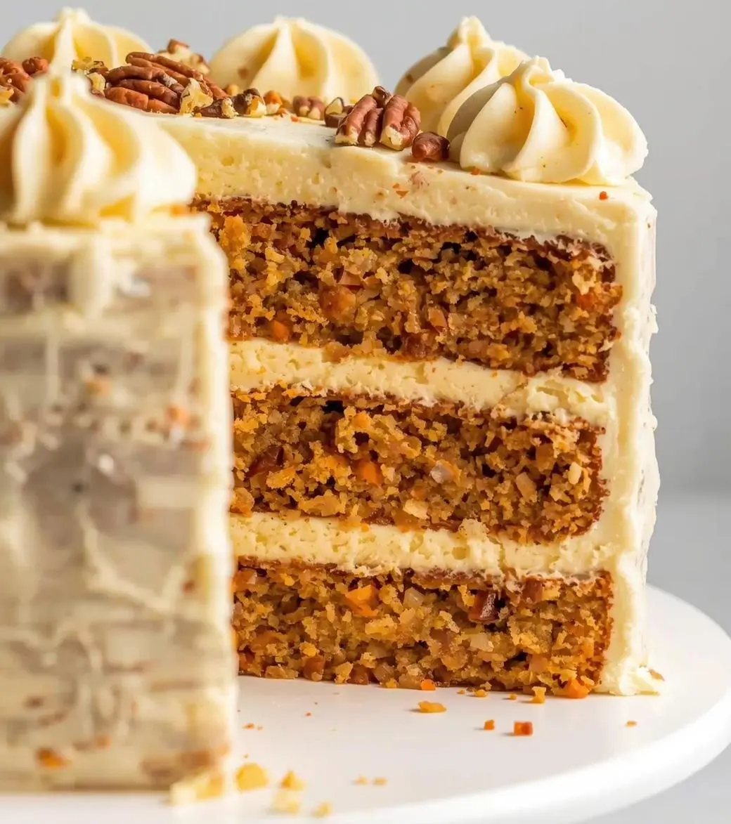 Moist Carrot Pineapple Layer Cake with cream cheese frosting and crushed walnuts