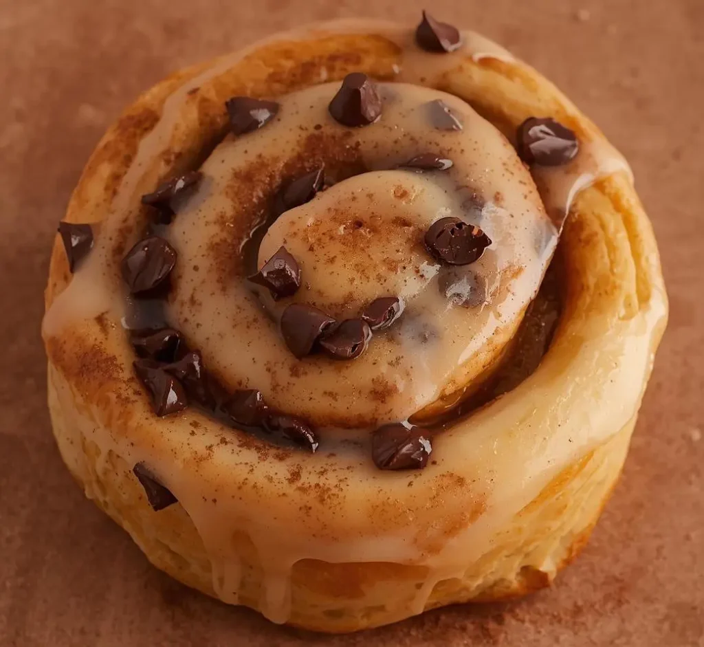 Freshly baked Chocolate Chip Cinnamon Roll with melted chocolate swirls and golden, fluffy dough on a white plate.