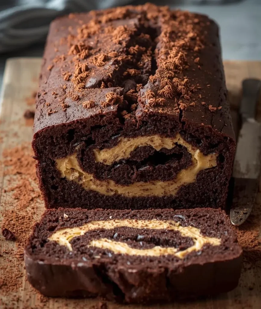 Freshly baked Marble Chocolate Loaf Cake sliced on a wooden board, showing rich chocolate and vanilla swirls.
