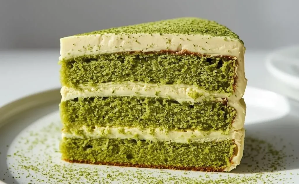Fluffy Matcha Layer Cake with creamy frosting and white chocolate toppings