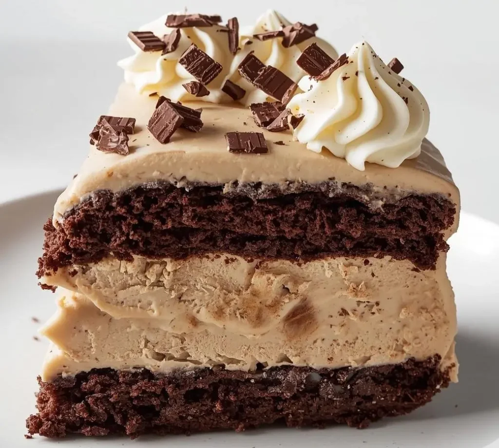 Mocha Ice Cream Cake topped with chocolate ganache and whipped cream swirls
