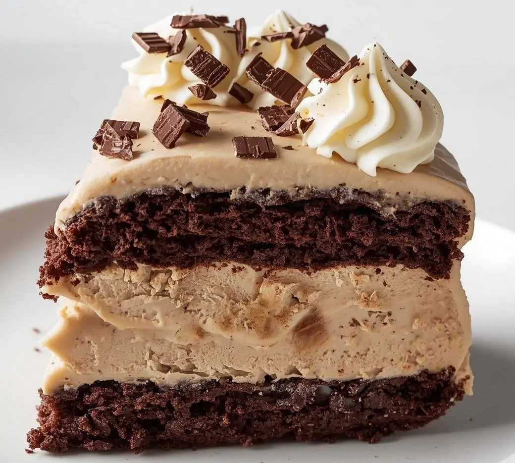 Mocha Ice Cream Cake topped with chocolate ganache and whipped cream swirls