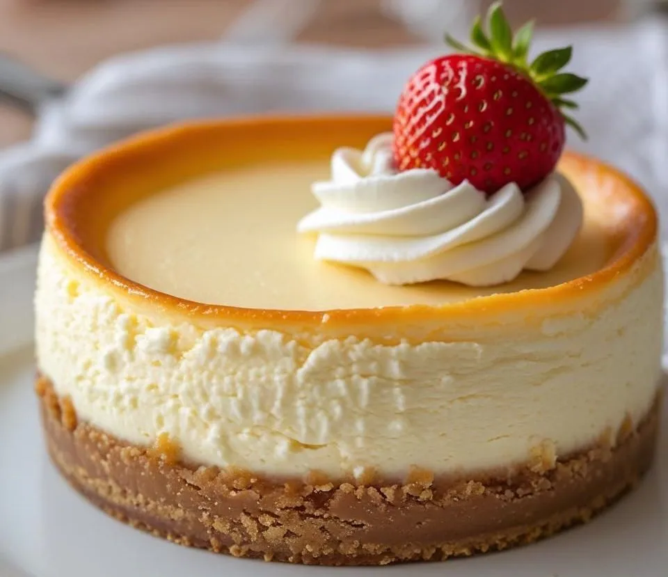 Classic New York Cheesecake topped with fresh strawberries and creamy texture on a white plate