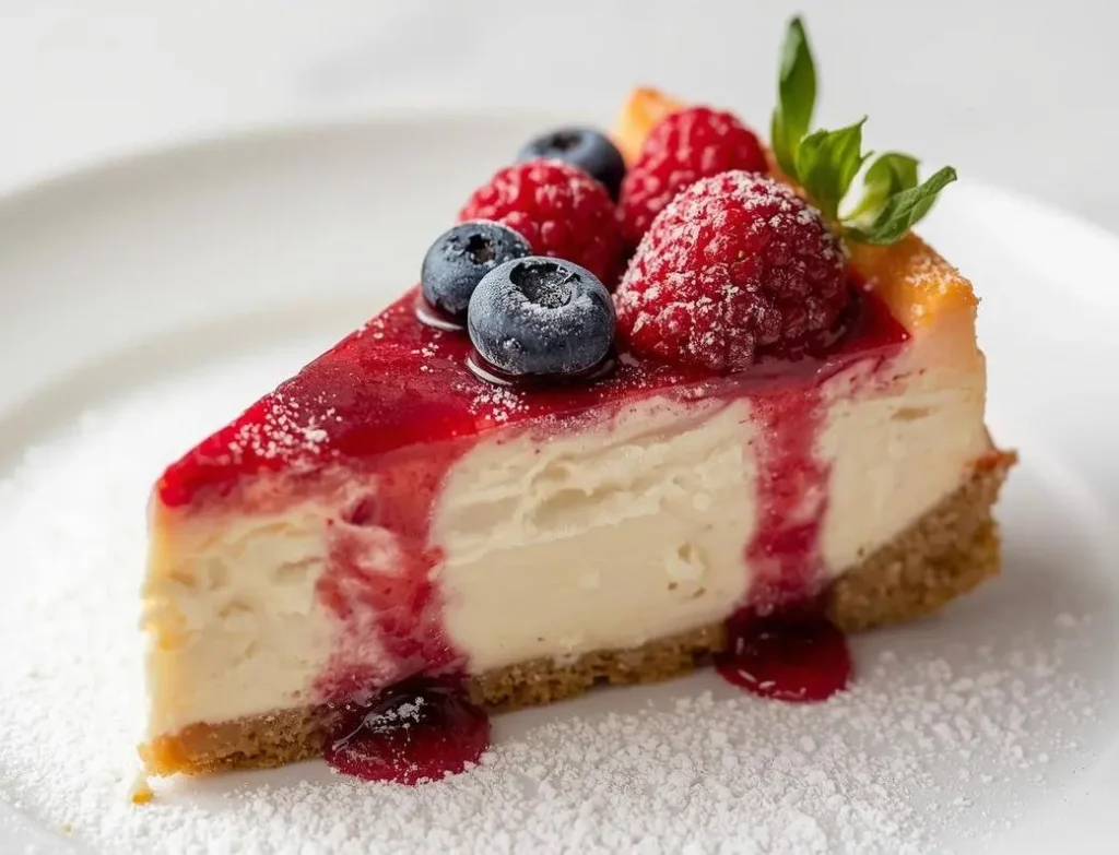 Creamy no-bake cheesecake topped with fresh berries and graham cracker crust