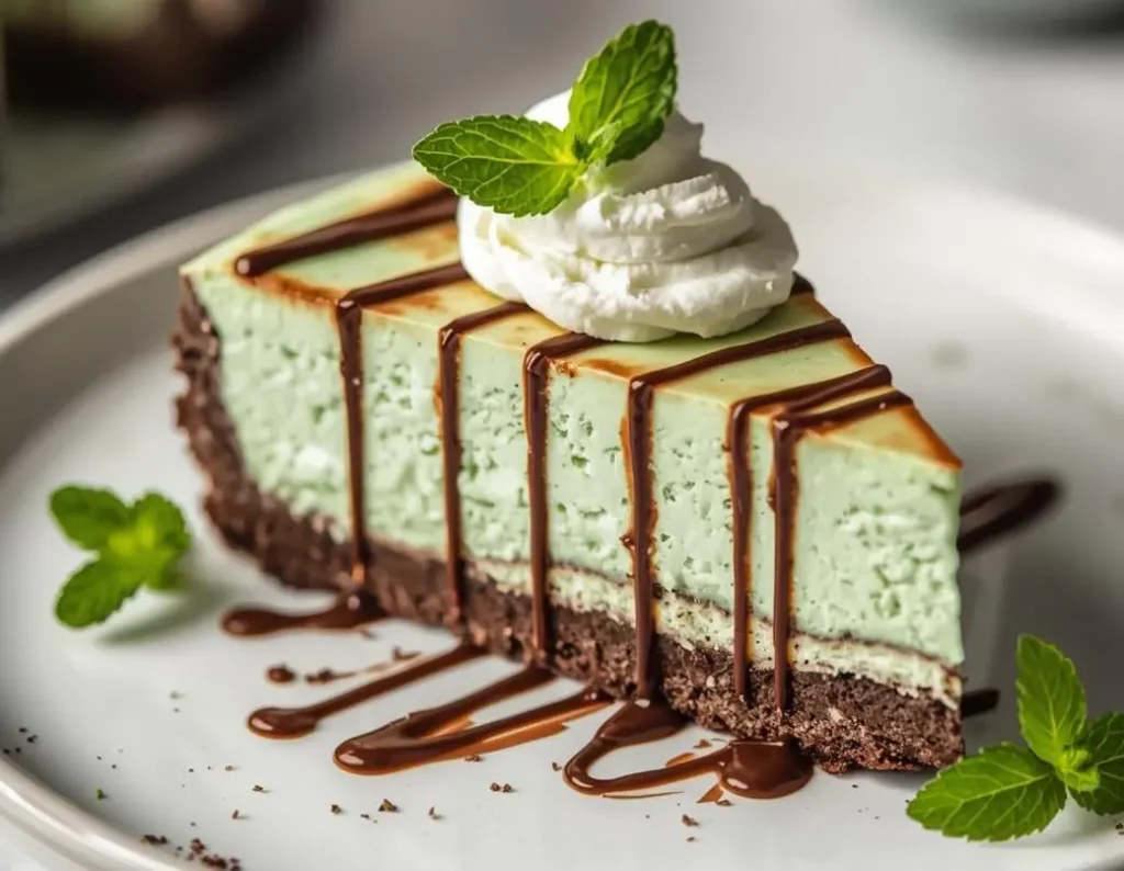 Slice of creamy No-Bake Mint Chocolate Cheesecake topped with chocolate shavings and mint leaves.