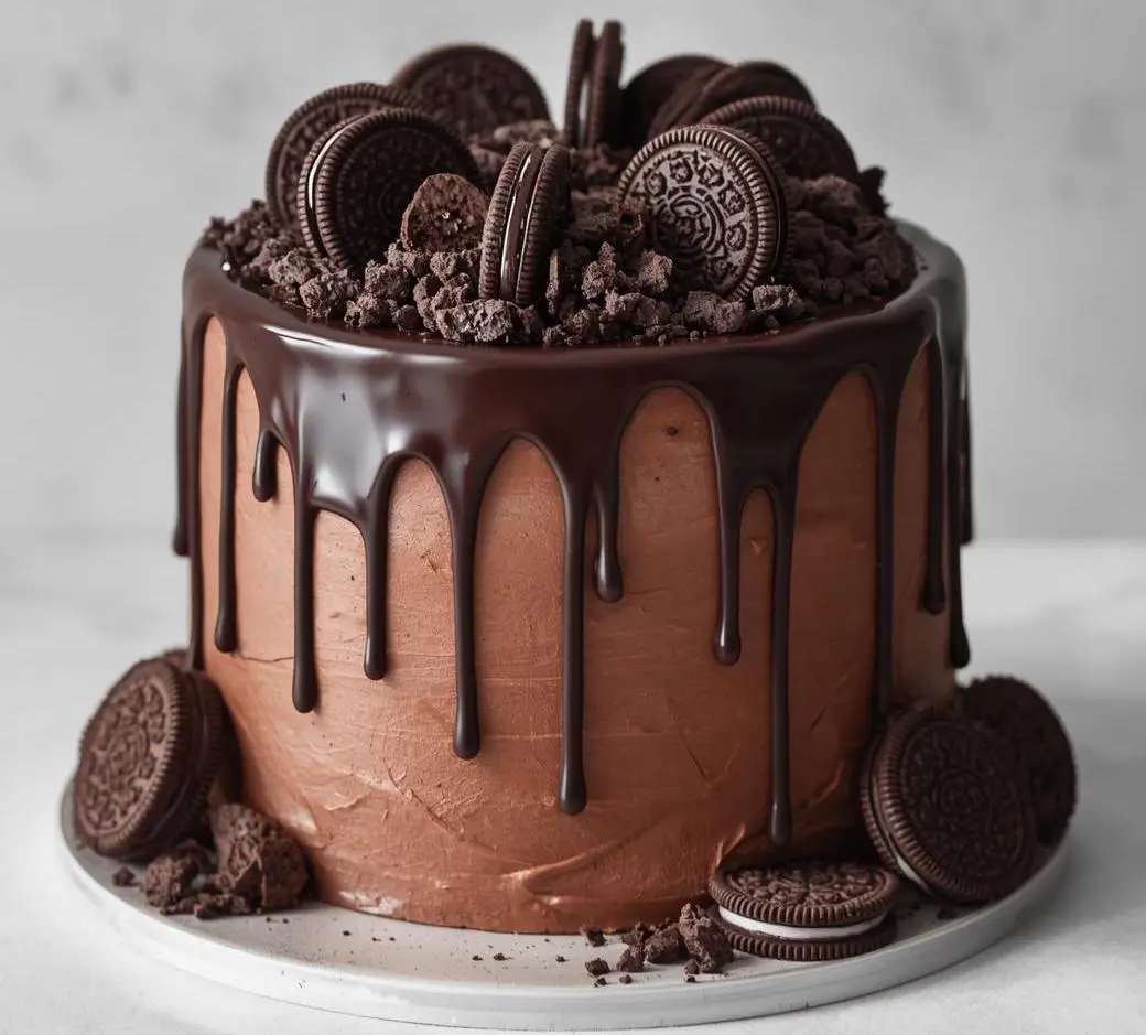 Oreo Chocolate Drip Cake with creamy Oreo frosting and glossy chocolate drip topped with mini Oreos