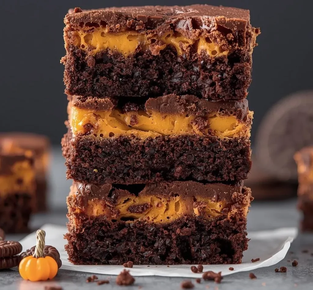 Oreo Layered Halloween Brownies with gooey chocolate layers and spooky Oreo cookie toppings.