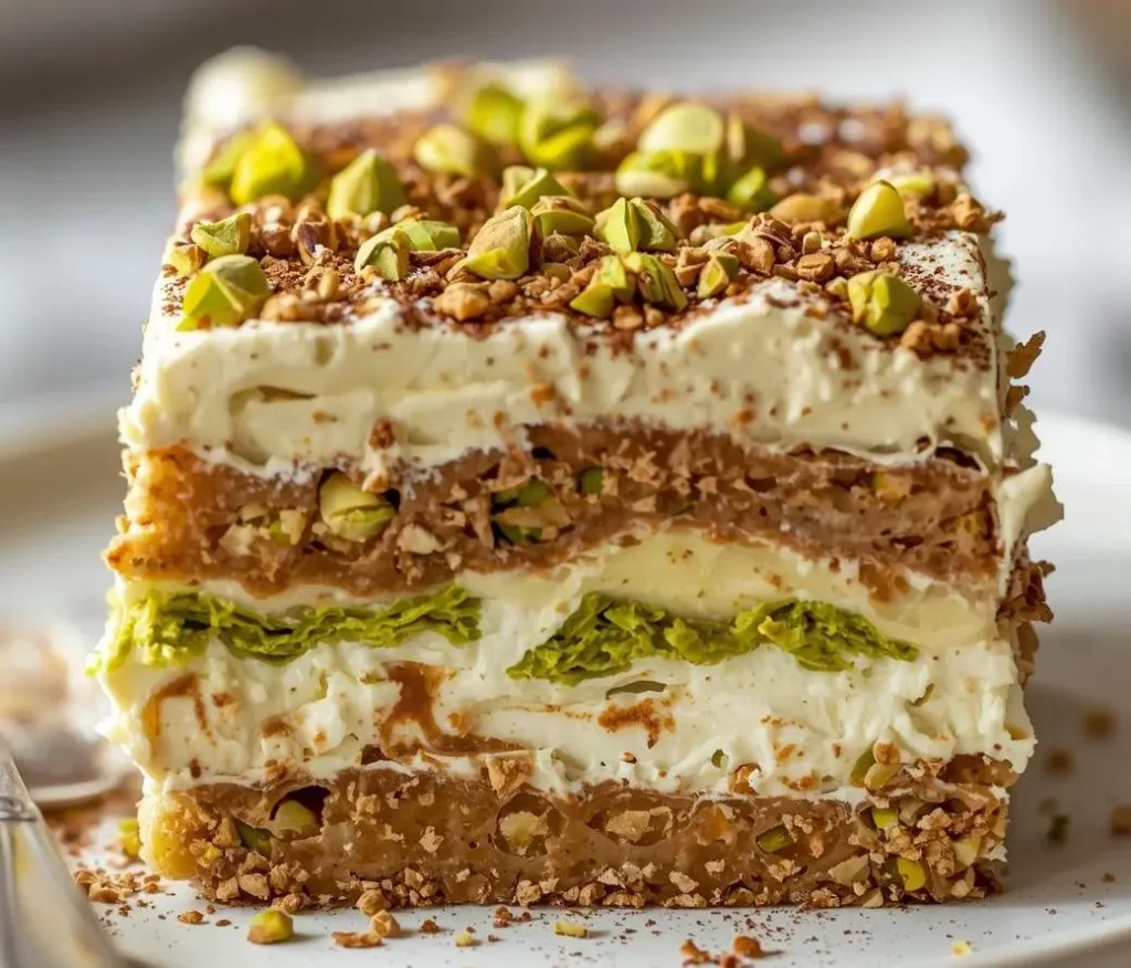 Pistachio Tiramisu Recipe with creamy layers, coffee-soaked ladyfingers, and crushed pistachio topping